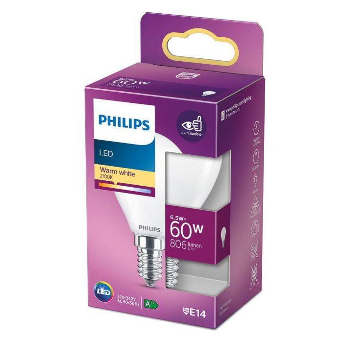 Philips Bombilla Esférica LED E14 6,5W 806 lm 2700K Luz Cálida Ø4,5 x 8 cm