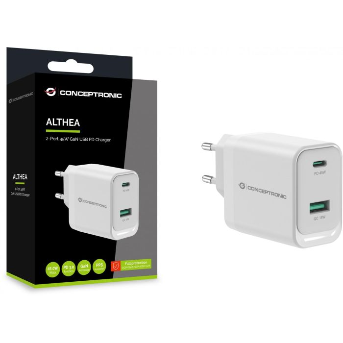 Conceptronic Cargador 45W PD3.0/PPS GaN ALTHEA20W45, 2 Puertos USB-C y USB-A, Carga Rápida, Blanco 3