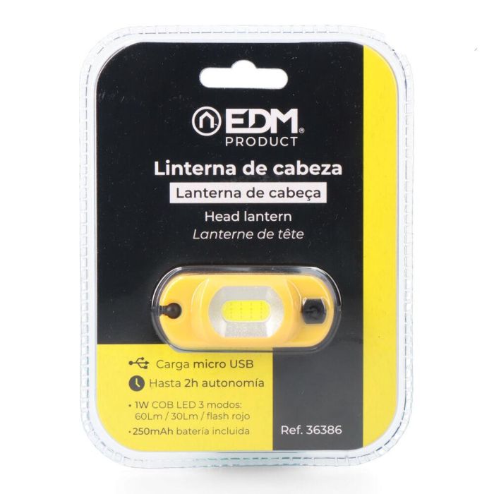Edm Linterna Frontal LED Recargable 1W USB Tipo C Cabezal Direccionable 180° 6000K Amarillo/Negro 3