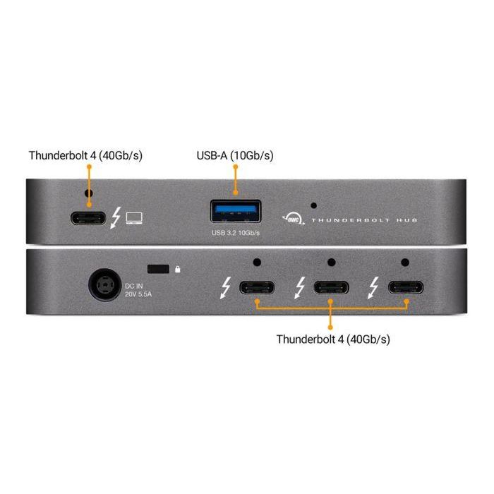 OWC Thunderbolt Hub 40Gb/s con 4 Puertos Thunderbolt 4 (USB-C) y USB-A 3.2 Gen 2 para Mac/PC, Soporta Dual 4K/8K, Carga, Gris Espacial