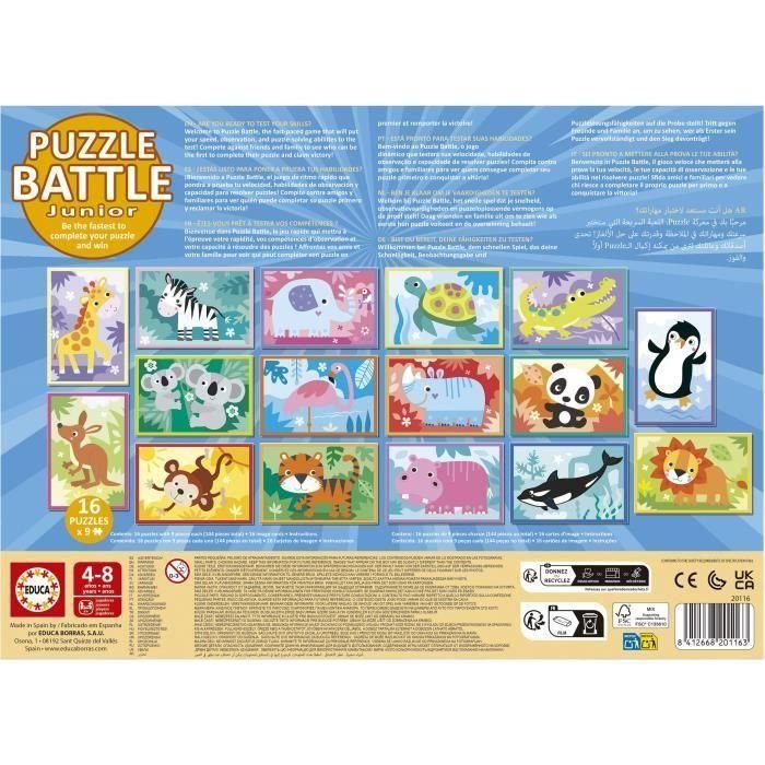 Educa EDU1747456973337 Puzzle Battle Jr Animales 16 puzzles de 9 piezas, para niños a partir de 4 años 2
