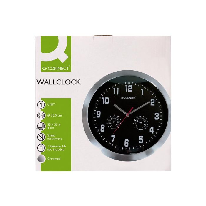 Reloj Q-Connect De Pared Metalico Redondo 35,5 cm Movimiento Silencioso Color Cromado Con Esfera Negra 6