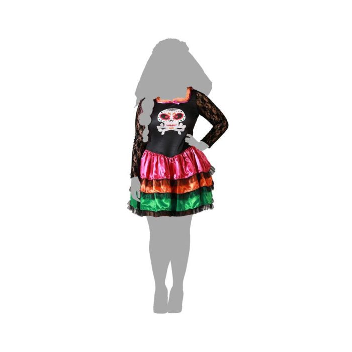 Disfraz Vestido Negro Estampado Calavera Mexicana con Volantes Multicolor Mujer Adulta Talla XXL para Halloween y Día de Muertos 4