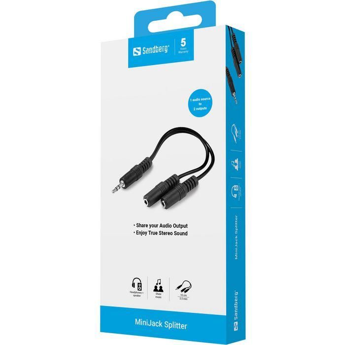 Sandberg Divisor de Audio Mini Jack 1 a 2 Salidas para Auriculares y Altavoces 2