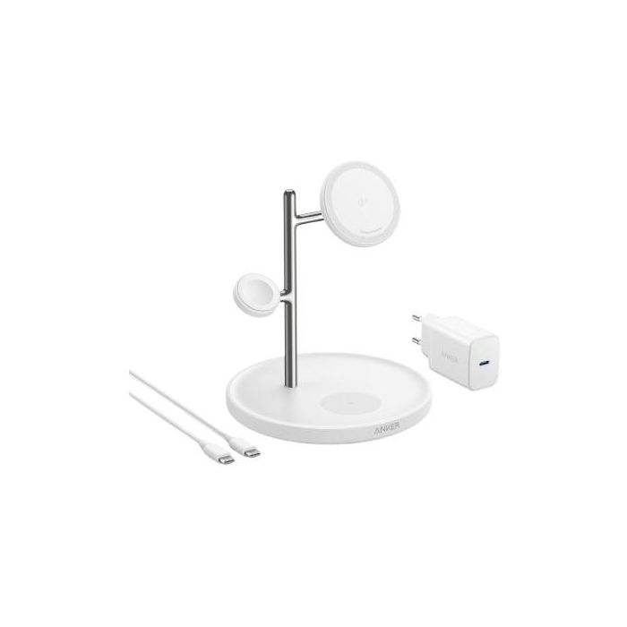 Anker Estación de Carga Inalámbrica MagGo 3 en 1 Plegable Blanco, 25W con Carga Rápida para iPhone y Apple Watch