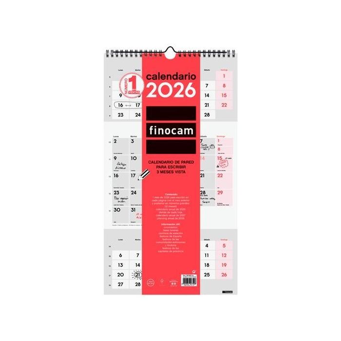 Finocam 3Mv Calendario De Pared para Escribir 236x430 mm, 3 Meses a la Vista, Anual Neutro 2026