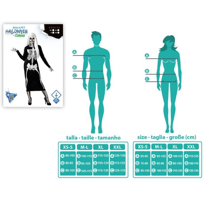 Disfraz Halloween Esqueleto Mujer Adulto Negro de Poliéster, Tallas M-L, Temática Noche de los Muertos