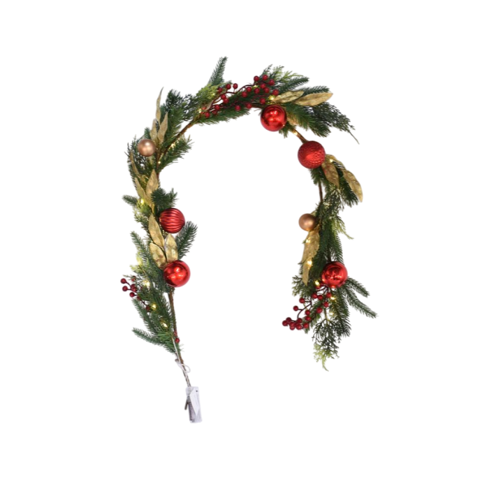 DKD Home Decor Guirnalda de Navidad Tradicional Verde Rojo PVC 150 cm con 40 LEDs y 3 Pilas AA (2 Unidades)