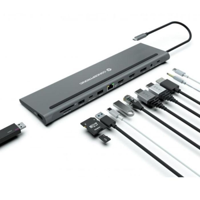Conceptronic DONN17G Hub USB-C a 2xHDMI, 3xUSB-A, DP, Ethernet, SD/MicroSD, 100W, Gris 1