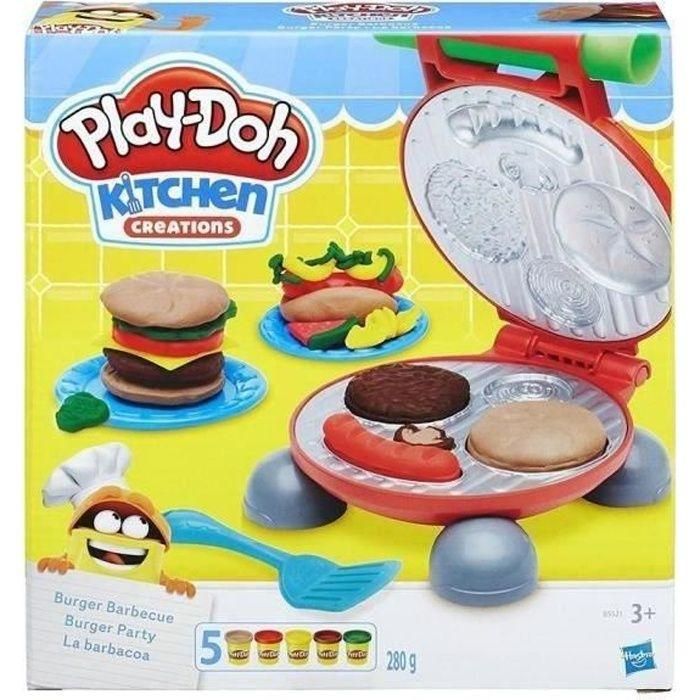 Play-Doh Juego Fiesta de Hamburguesas - Set de Plastilina con 5 Frascos, Parrilla, Moldes y Accesorios - Para Niños +3 Años