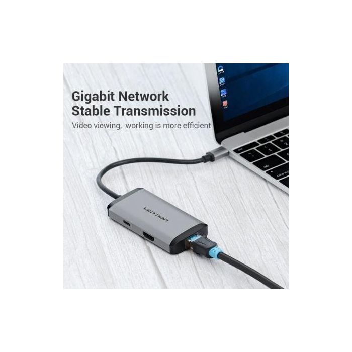 Vention CNCHB Docking USB Tipo-C 6 en 1 Hub con HDMI 4K, 3 USB 3.0, PD 87W, RJ45 Gigabit, Gris Aluminio 1