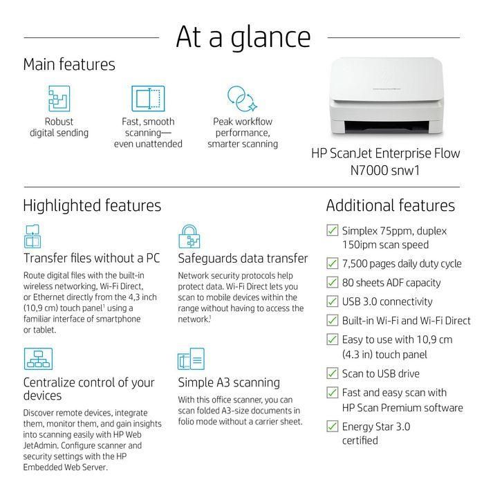 HP N7000 snw1 ScanJet Enterprise Flow Escáner de Alto Volumen, 75 ppm, 7500 páginas/día 3 HP N7000 snw1 ScanJet Enterprise Flow Escáner de Alto Volumen, 75 ppm, 7500 páginas/día 3