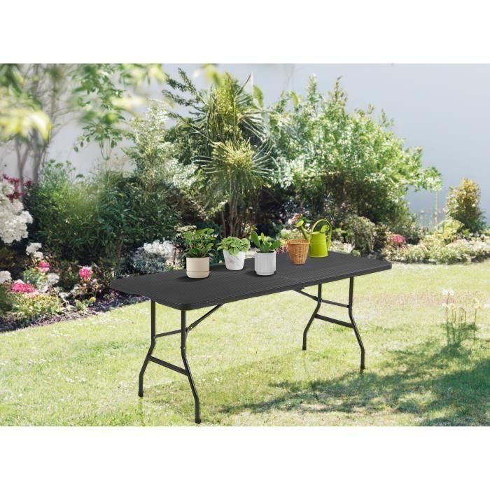 Mesa plegable para 8 personas 180x74x73,5 cm - Acero y polietileno de alta densidad, imitación resina tejida - Negro 4 Mesa plegable para 8 personas 180x74x73,5 cm - Acero y polietileno de alta densidad, imitación resina tejida - Negro 4