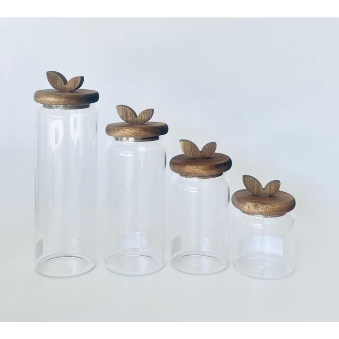 DKD Home Decor Bote Transparente Natural Cristal y Acacia 9 x 28 x 9 cm Set de 4 1,3l