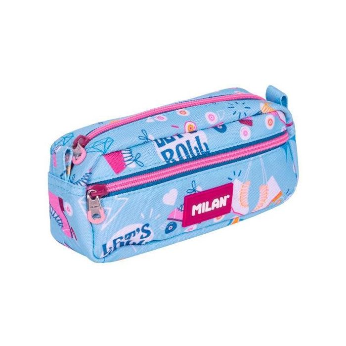 Milan Roller 2 Portatodo Estuche Rectangular 2 Cremalleras Poliéster Diseño Patines Retro Azul Mostaza Rosa 21x8.5x6.1cm