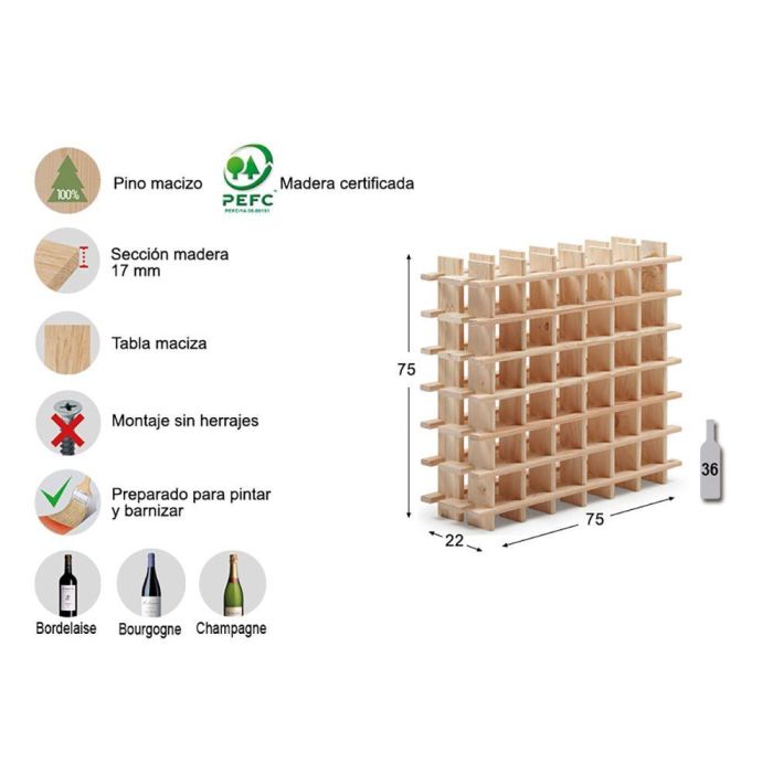 Astigarraga Botellero Rioja Evolutivo Pino Macizo para 36 Botellas 75x22x75 cm