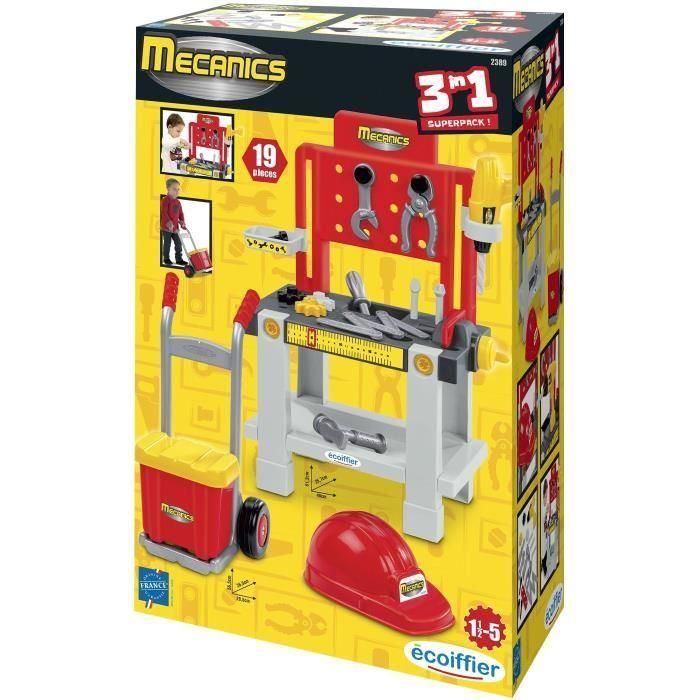 Ecoiffier Super Pack Mecánico con Banco de Trabajo, Carretilla, Casco y 19 Herramientas de Juguete para Niños +18 Meses 5