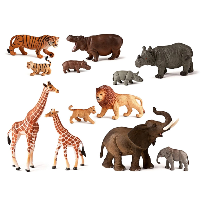 Miniland Juego Animales de la Selva con Crías 12 Figuras Jirafa León Elefante Tigre Hipopótamo Rinoceronte Guía Didáctica 1