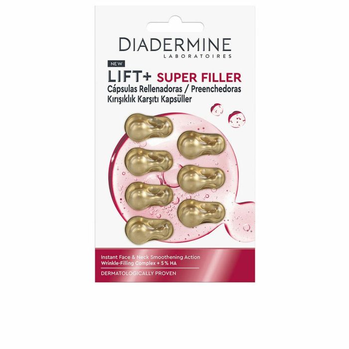 Diadermine LIFT + SUPER FILLER Cápsulas Rellenador Alisante Antiarrugas y Antiedad con Ácido Hialurónico para Rostro y Cuello 7 Unidades