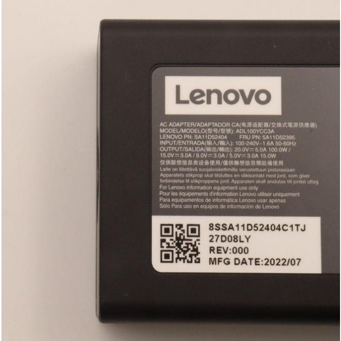 Lenovo 100W power adapter with multiple voltage outputs: 20V, 15V, 9V, 5V, designed for Lenovo devices including Yoga Slim 7 Pro. 4