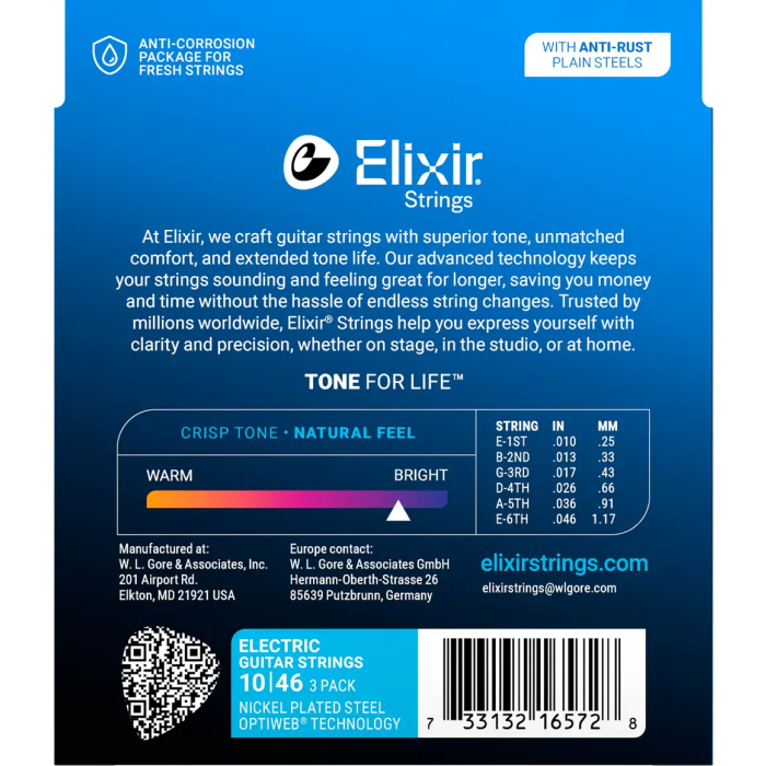 Elixir Cuerdas Guitarra Eléctrica Nickel Plated Steel con Recubrimiento OPTIWEB Calibre 10-46 - Pack 3 2