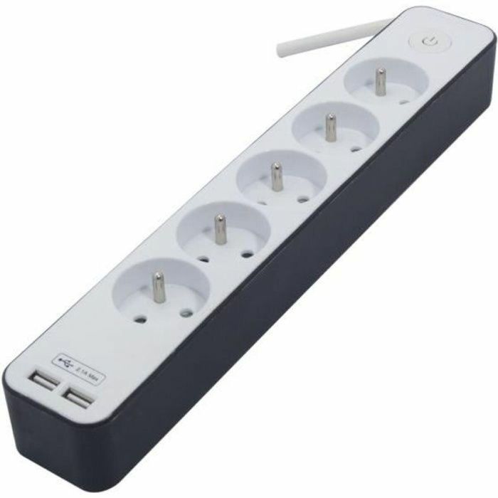 Chacon Regleta de alimentación 5 enchufes 16A 3500W con 2 USB y cable 1.5m, seguridad infantil, interruptor de pie, blanco y gris