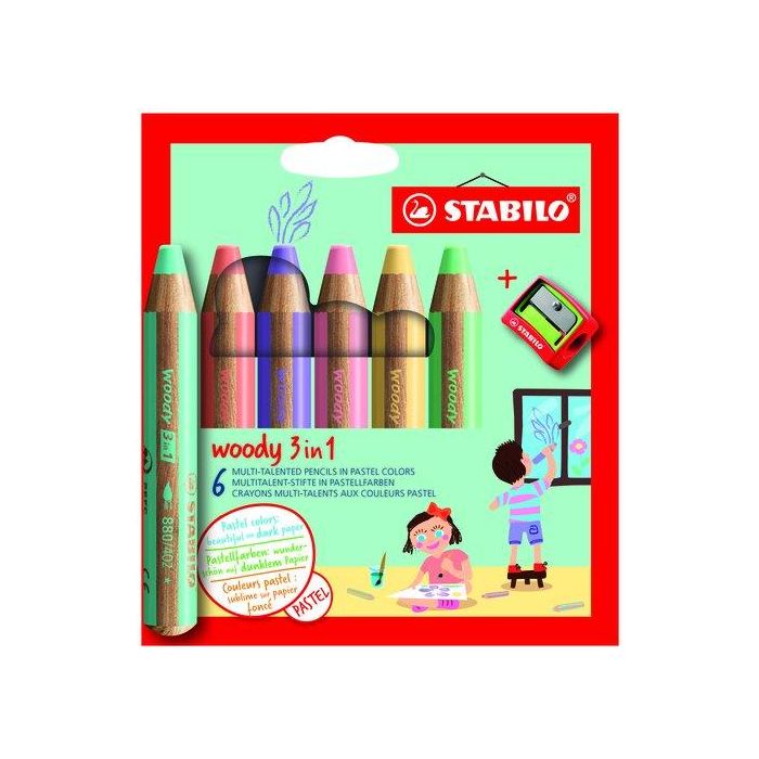 Lapices De Colores Stabilo Woody 3 En 1 Pastel Estuche De 6 (Incluye Sacapuntas)