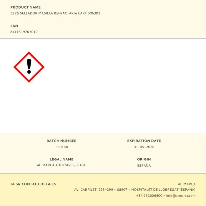 Ceys Masilla Refractaria Sellador Alta Temperatura 506301 - Resiste hasta 1500°C, Uso Interior, Calidad Profesional 1 Ceys Masilla Refractaria Sellador Alta Temperatura 506301 - Resiste hasta 1500°C, Uso Interior, Calidad Profesional 1