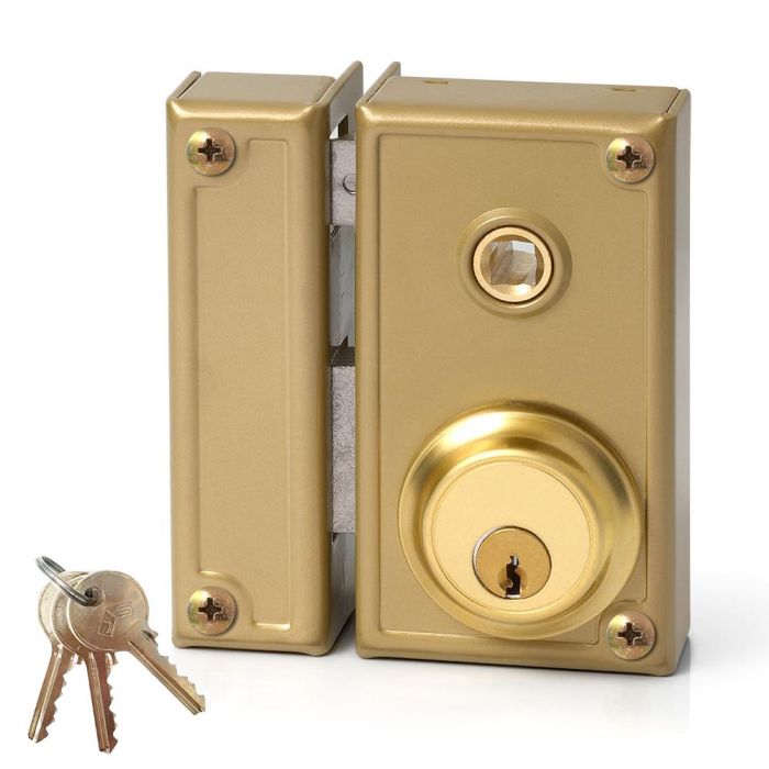 Jis Cerradura de sobreponer con manilla, golpe y llave 60mm izquierda, cilindro fijo 52mm, 3 llaves, dorado, referencia 35-6i 0 Jis Cerradura de sobreponer con manilla, golpe y llave 60mm izquierda, cilindro fijo 52mm, 3 llaves, dorado, referencia 35-6i 0