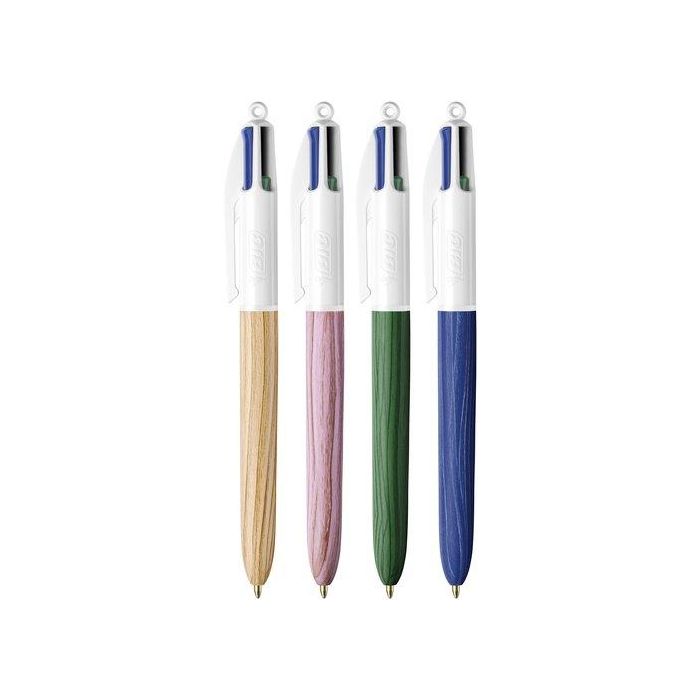 Bic Bolígrafo 4 Colores Wood Style Retráctil 1.0mm (Azul, Rojo, Verde, Negro) Caja 12 Unidades