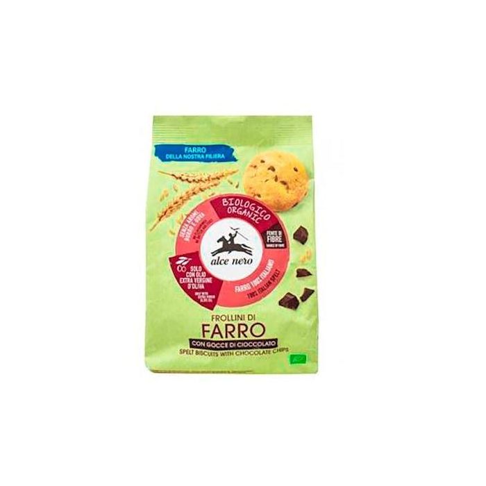 ALCE NERO Galletas de Cacao con Gotas de Chocolate Bio, con Harina de Espelta y Aceite de Oliva Virgen Extra 300g