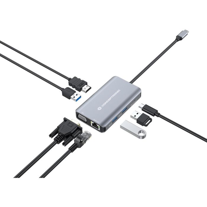 Conceptronic DONN21G Docking Station 7 en 1 USB-C a HDMI 4K, VGA, LAN GbE, USB 3.0 x3, PD 100W, Gris 7