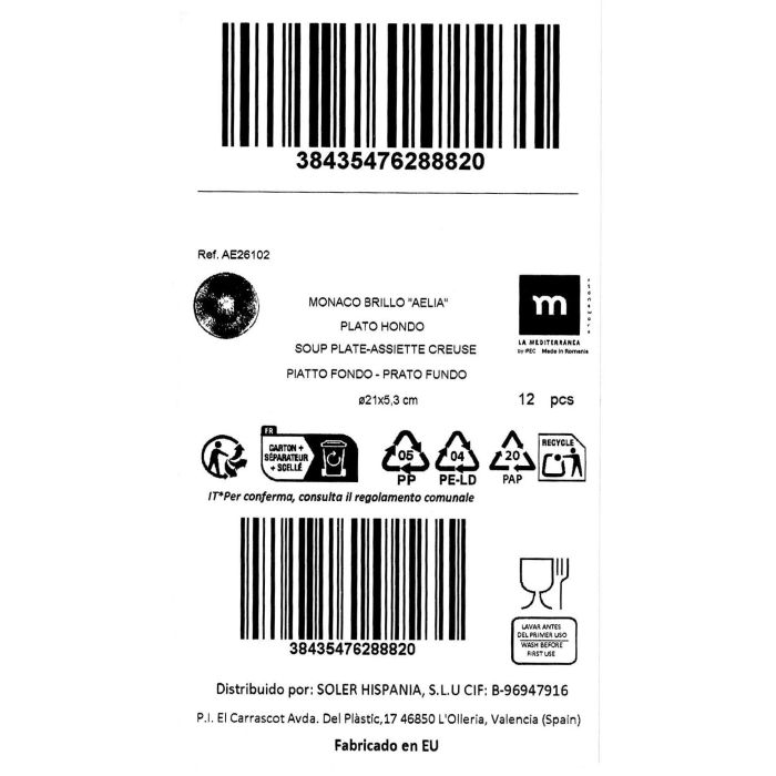 La Mediterranea Plato Hondo Aelia Monaco Brillo Ø21 cm (12 Unidades) La Mediterranea Plato Hondo Aelia Monaco Brillo Ø21 cm (12 Unidades)