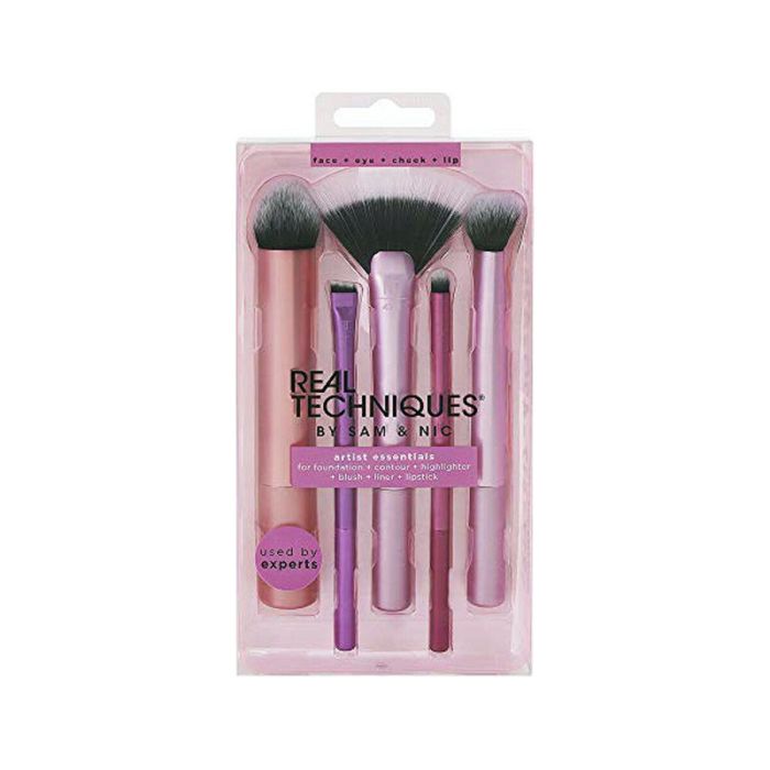 Real Techniques Artist Essentials Lote Set de 5 Brochas de Maquillaje Veganas Sintéticas UltraPlush para Ojos, Rostro y Labios