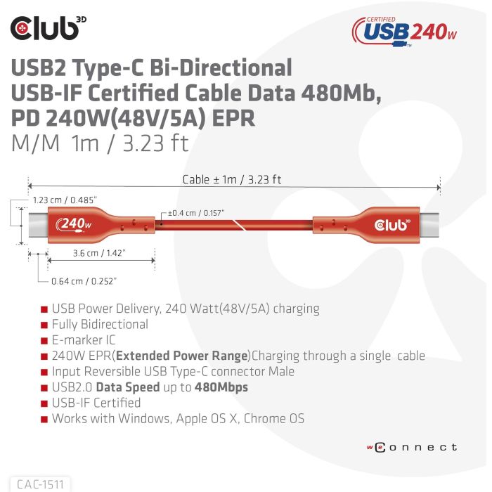 Club3D Kabel USB 2 Typ C PD 240W / 480Mb 1m St/St 9 Club3D Kabel USB 2 Typ C PD 240W / 480Mb 1m St/St 9
