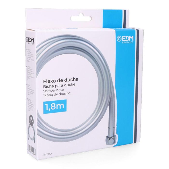 Edm Flexo de ducha PVC color cromo 1,8 m con tuercas y núcleo de latón 1 Edm Flexo de ducha PVC color cromo 1,8 m con tuercas y núcleo de latón 1