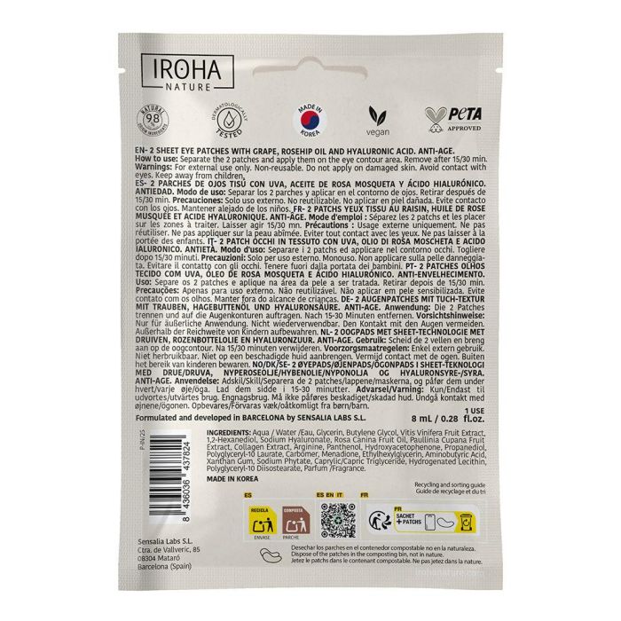 IROHA Parches Antiedad para el Contorno de Ojos con Extracto de Uva, 8 ml