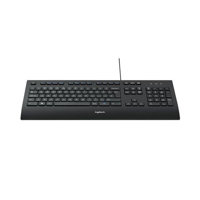 Logitech K280e Teclado USB, Resistente a salpicaduras, Reposamuñecas, Teclas silenciosas, Tamaño completo, Distribución US, Negro