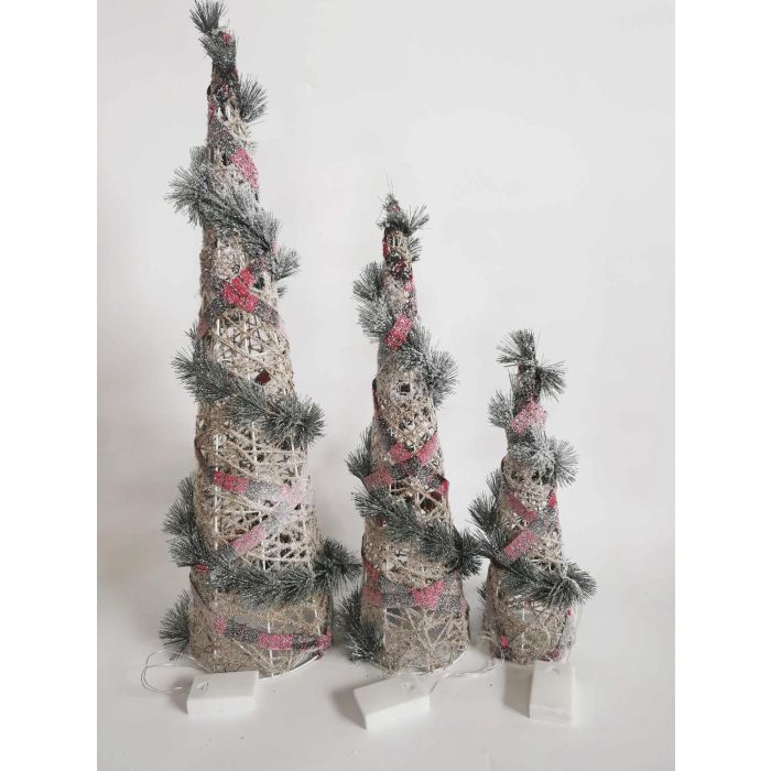 DKD Home Decor Cono de Navidad Decorativo con LED, Set de 3 Piezas de Ratán Natural, Verde y Rojo, Funciona con Pilas AA, 80 cm Alto