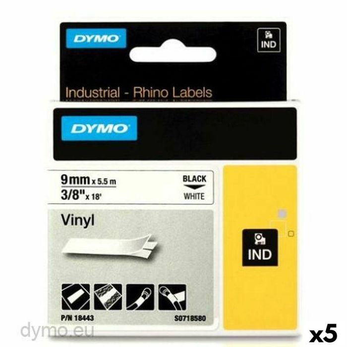 Cinta Laminada para Rotuladoras Rhino Dymo ID1-9 Blanco Negro 9 x 5,5 mm Vinilo (5 Unidades)