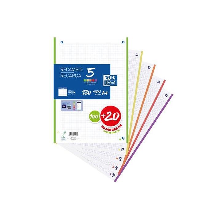 Oxford Recambio Classic 100H + 20H Gratis, A4, 90 gr, 5x5 mm, 4 Taladros, 5 Bandas Colores Vivos, Compatible con SCRIBZEE