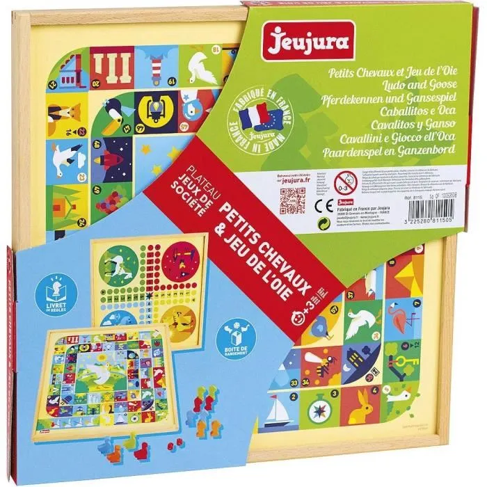 Jeujura Juego de Ganso y Caballos Pequeños - Bandeja de Madera con Peones de Madera, Dados y Reglas - 33x33x2cm 1