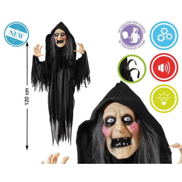 Figura Bruja Colgante Con Garras Y Capucha Negra 120 cm Luz Sonido Movimiento Decoración Halloween