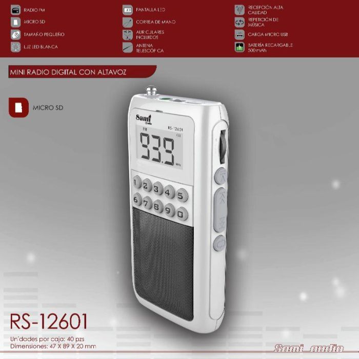 SAMI Radio FM Digital Mini con Altavoz, Batería Recargable y Ranura Micro SD