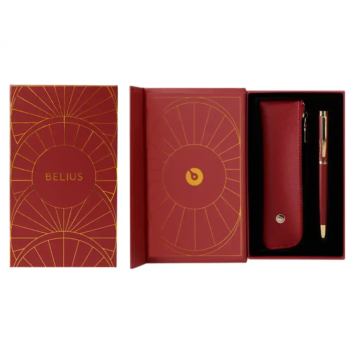 Belius Bolígrafo y Estuche Soirée Art Deco Granate y Dorado Tinta Azul Caja de Diseño 4