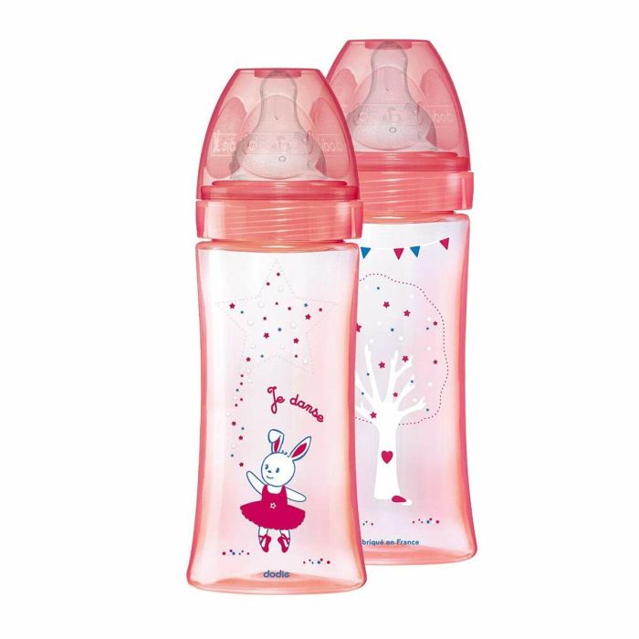 DODIE Lote de 2 botellas anticólicos Iniciación + - 330ml - BAILARIN ROSA - tetinas redondas 3 velocidades de flujo 3