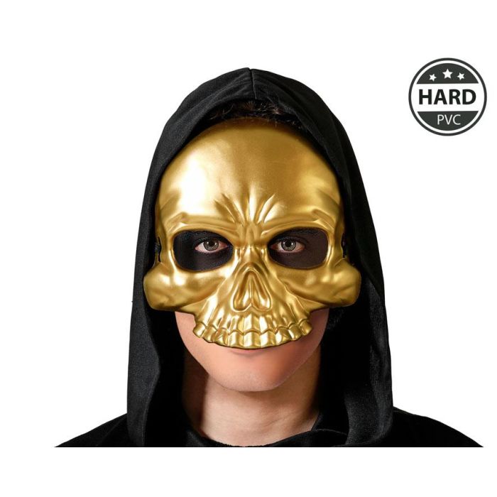 Máscara Calavera Dorada PVC Rígido Diseño Brillante Lujoso Oscuro Espectáculos Halloween Fiestas Temáticas Misterio Elegancia Siniestra