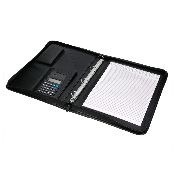 Q-connect Carpeta Portafolios con Cremallera, Calculadora y Bolsa para Móvil, Plástico tacto Piel, 260x355 mm, Negro 4