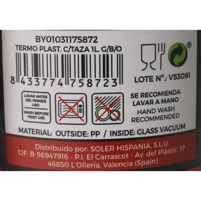 Thermosport Termo Plástico con Taza 1 Litro, Verde/Azul/Naranja, 11 x 29 x 13 cm (12 Unidades) 4