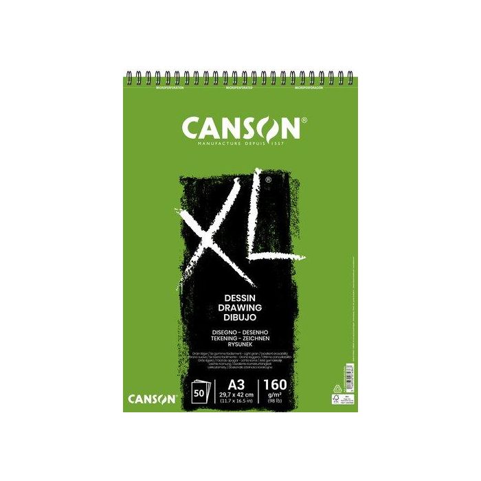 Canson Bloc Dibujo XL Dessin DIN A3 Liso Microperforado Espiral 29,7x42 cm 50 Hojas 160 gr/m2